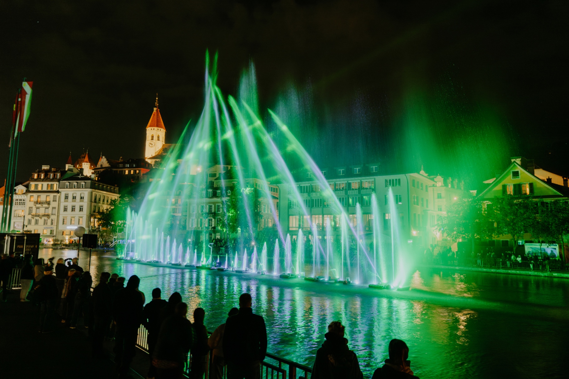 Spectacle aquatique nocturne aux reflets verts